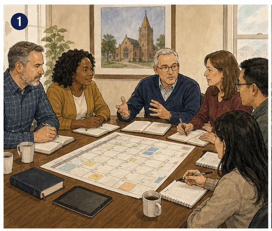 Alliance Board members gathered around a calendar table preparing the next quarter of ministry