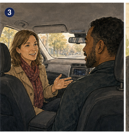 Suzie in the back seat of an Uber warmly speaking with the driver and inviting him to the church men's outreach