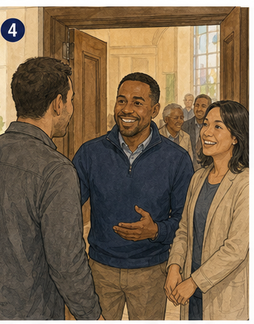A male visitor walking through the church doors and being welcomed by church members