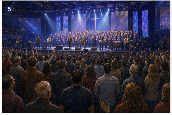 A large Alliance convention with choir, professional music, and many churches gathered in celebration