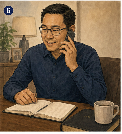 A church member seated at a table making a follow-up phone call to a visitor after the convention