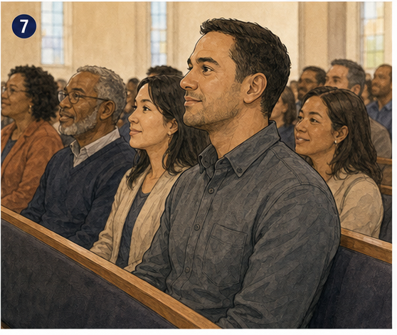 A visitor seated in the congregation listening and beginning to feel at home in the church