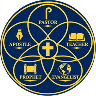 The seal of The Fivefold Church Alliance: five rings, Pastor, Teacher, Evangelist, Prophet and Apostle, around a cross