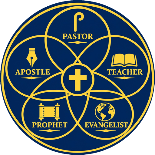 The seal of The Fivefold Church Alliance: five rings, Pastor, Teacher, Evangelist, Prophet and Apostle, around a cross
